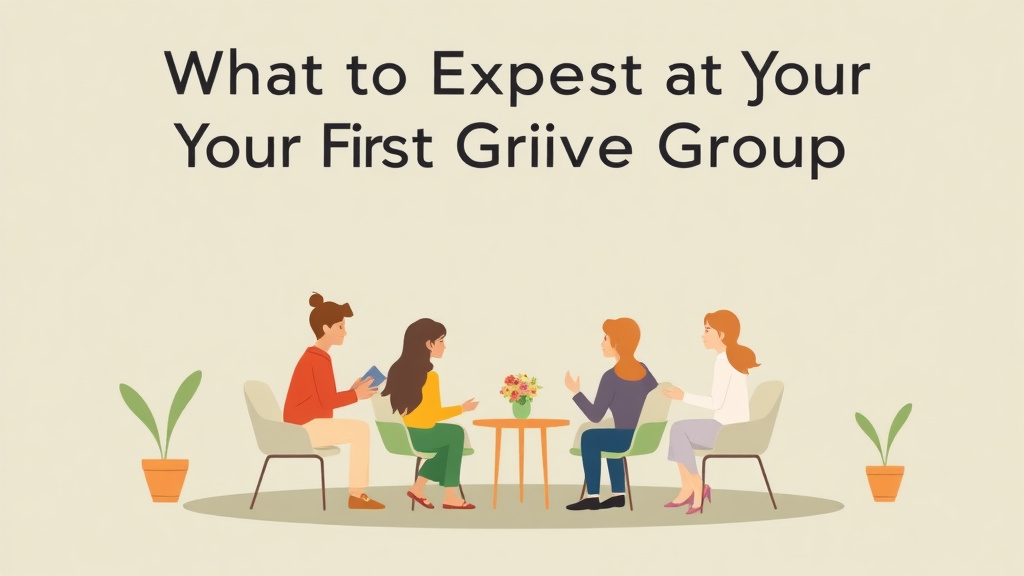 Educational graphic covering the essentials of what to Expect at Your First Grief Group