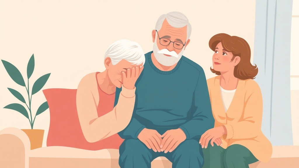 A professional illustration depicting grief and Physical Health Decline in Seniors