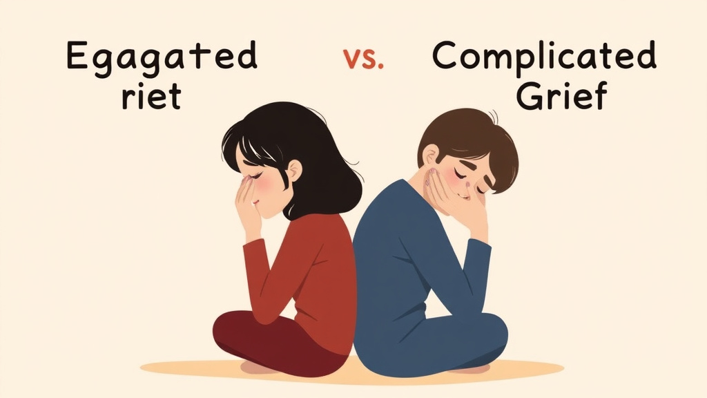 An informative visual explaining exaggerated Grief vs Complicated Grief for beginners and professionals